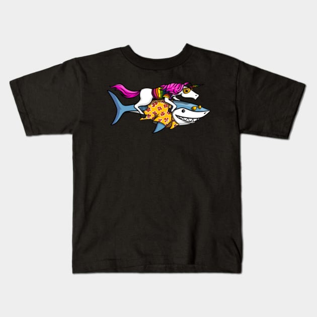 Funny Unicorn Riding Ocean Shark Kids T-Shirt by Nulian Sanchez